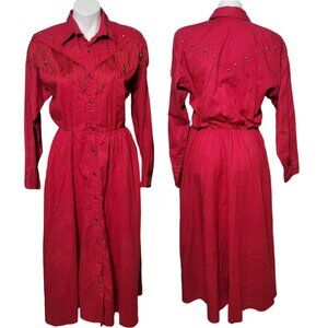 80s Vintage Sas'sa Red Western Dress Sz MED Cowgirl Beaded Fringe Pearl Snap